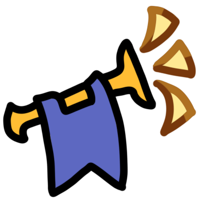 a very simplified fanfare trumpet, a blue banner hanging from it, with three golden emphasis shapes coming from it, representing a proclamation.